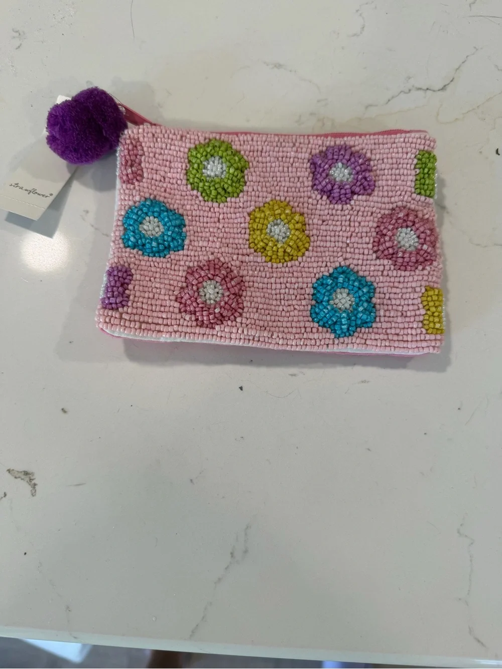Beaded Floral Pink Pouch with Pom Pom
